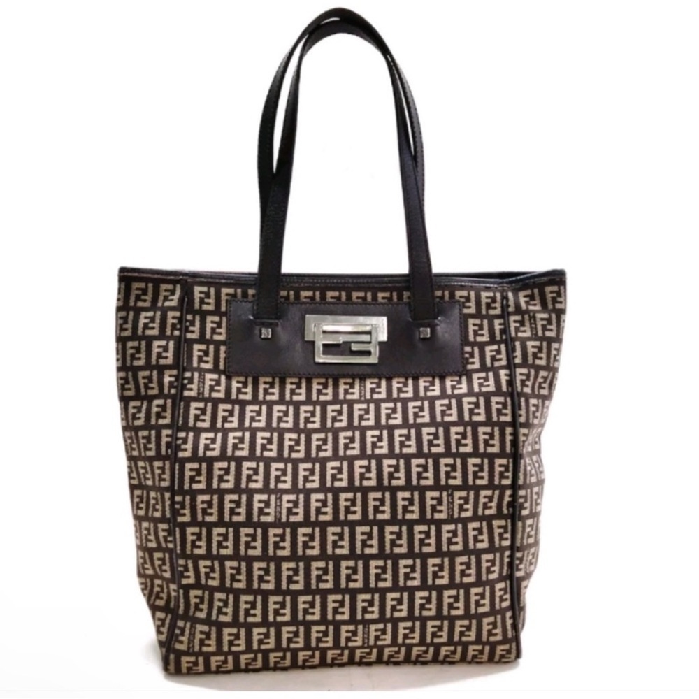 FENDI Zucchino Shoulder Tote Bag Brown Canvas - Picture 1 of 8